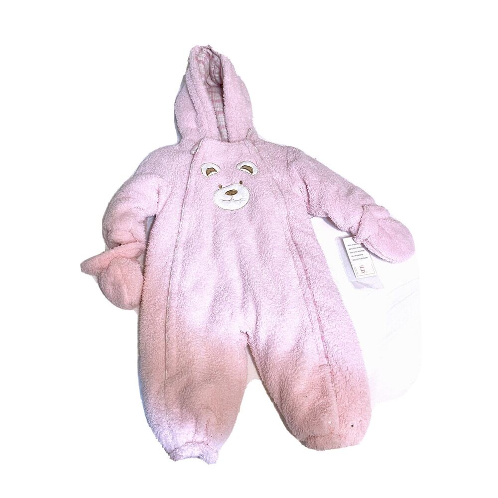 ROTHSCHILD Thick Fleece One Piece BUNTING Pink Bear Sz 12M Girl Hooded Mittens